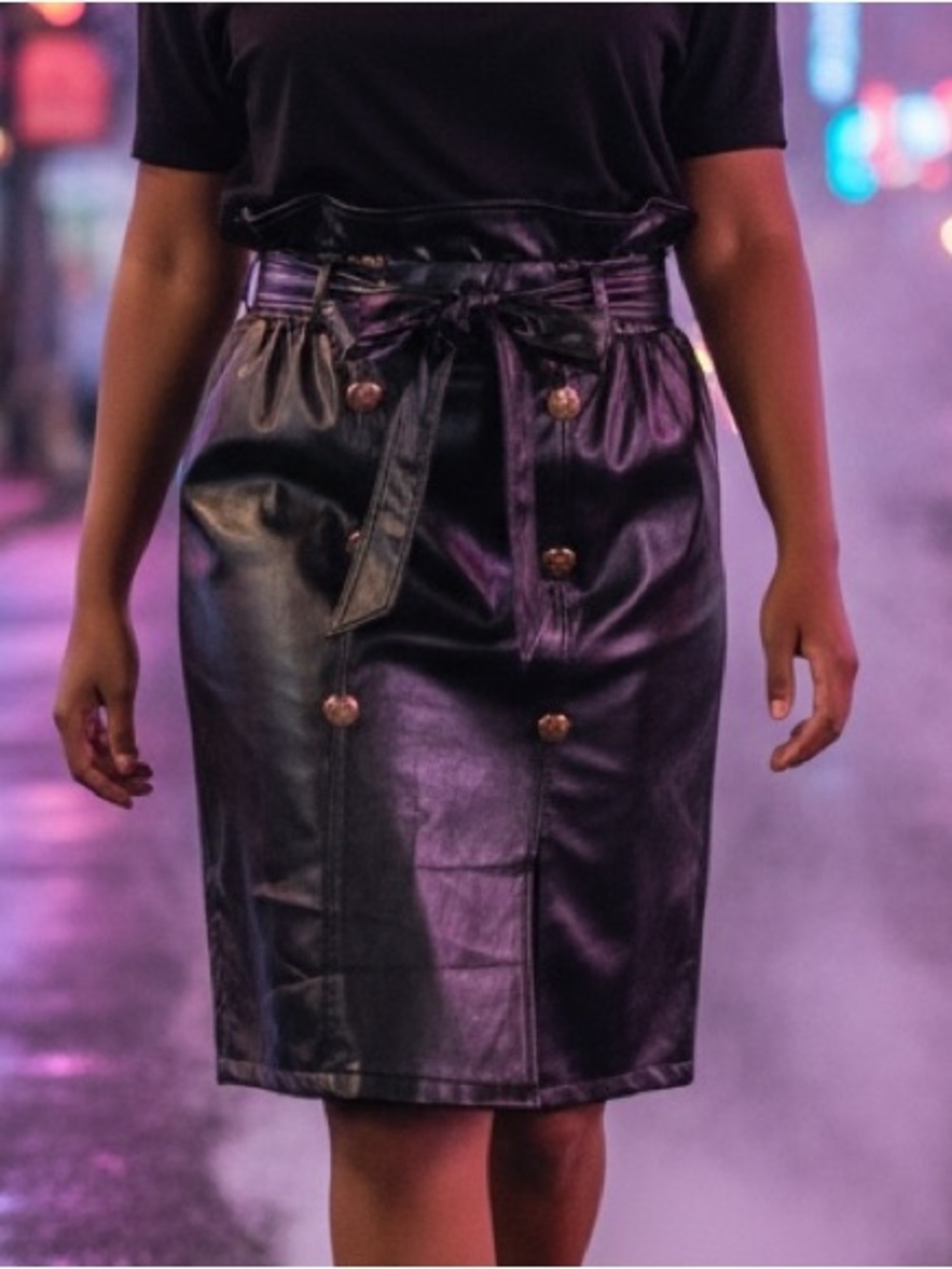 SHEIN 2XL Black Faux Leather Pencil Skirt Button Accents Paperbag Waist Tie Belt